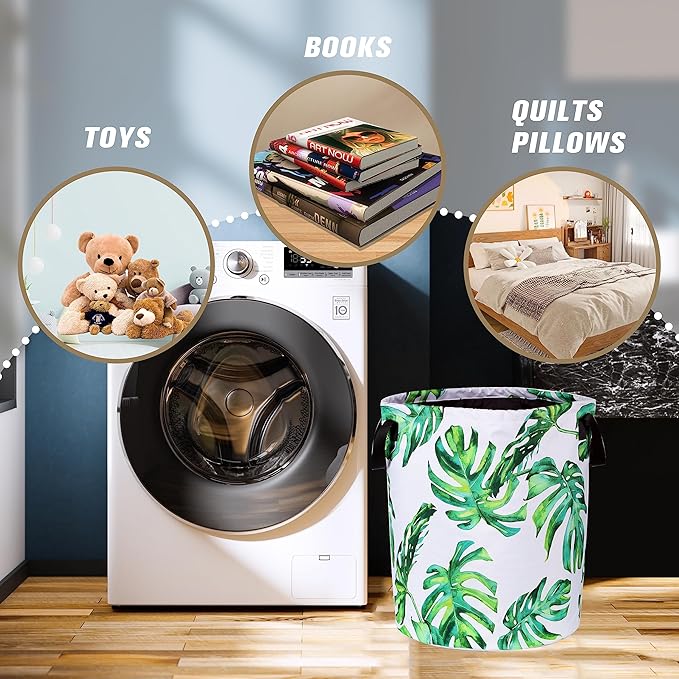 Green Leaf Laundry Basket Hawaiian Palm Tree Foldable Oxford Cloth Funny Tote Bag Laundry Hamper Clothes Storage Bucket Organizer For Bathroom/Laundry Storage/Bedroom 17.7x13.7 Inch
