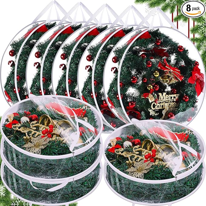 Shappy 8 Piece Clear Christmas Wreath Storage Container 24 Inches Xmas Wreath Storage Bag Plastic Christmas Garland Container with Dual Zippers and Reinforced Handles for Xmas Seasonal (Clear)