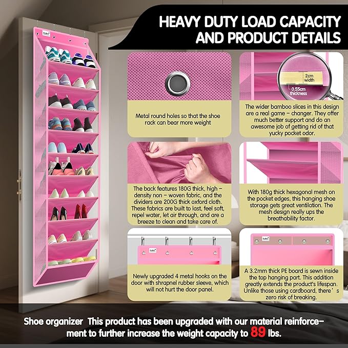 10 Tier Over The Door Organizer - Heavy Duty Hanging Storage Rack with Sturdy Oxford Fabric, Holds 20+ Pairs of Footwear, Boots & Sneakers, Saves 50% Closet Space! (Pink)