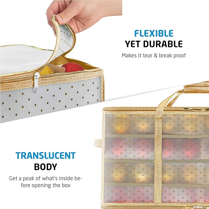 ZOBER Christmas Ornament Storage Box Plastic - Stores 128 3" Ornaments with Individual Trays - Ornament Organizer Storage Box, Durable Christmas Containers Holder - Gold