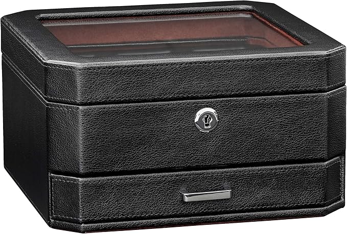ROTHWELL 6 Slot Leather Watch Box with Valet Drawer - Luxury Watch Case Display Organizer, Microsuede Liner, Locking Mens Jewelry Watches Holder, Men's Storage Boxes Holder Large Glass Top (Black/Red)