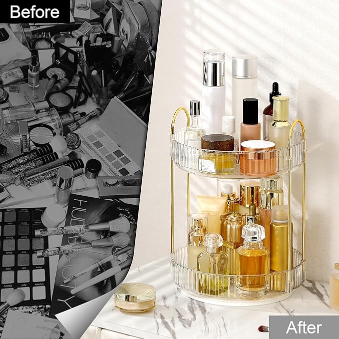 360 Rotating Makeup Organizer for Vanity, Bathroom Countertop Spinning Perfume Organizer, High-Capacity Cosmetic and Skincare Dresser Make Up Holder Rack (2 Tiers, White)