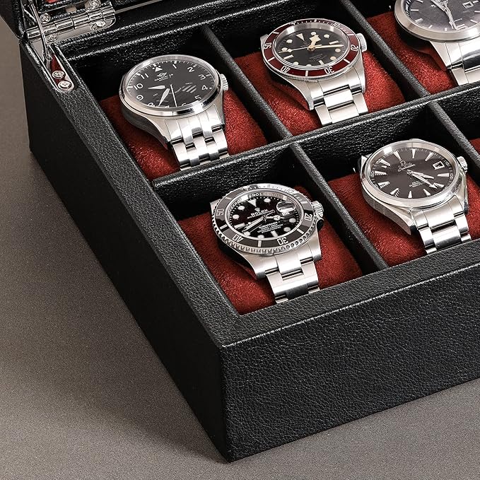ROTHWELL 10 Slot Leather Watch Box - Luxury Case Display Jewelry Organizer - Locking Watch Display Case Holder with Large Glass Top - Box Organizer for Men and Women (Black/Red)