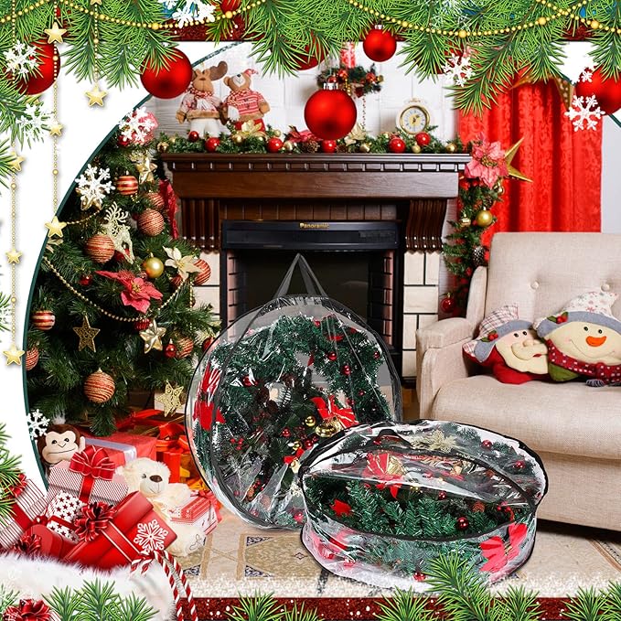 Shappy 4 Pieces Clear Christmas Wreath Storage Container 24 Inches Xmas Wreath Storage Bag Plastic Christmas Garland Container with Dual Zippers and Reinforced Handles for Xmas Seasonal (Black)