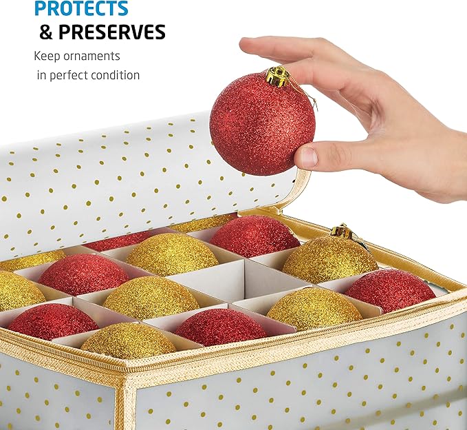 ZOBER Christmas Ornament Storage Box Plastic - Stores 64 3" Ornaments with Individual Trays - Ornament Organizer Storage Box, Durable Christmas Containers Holder - Gold