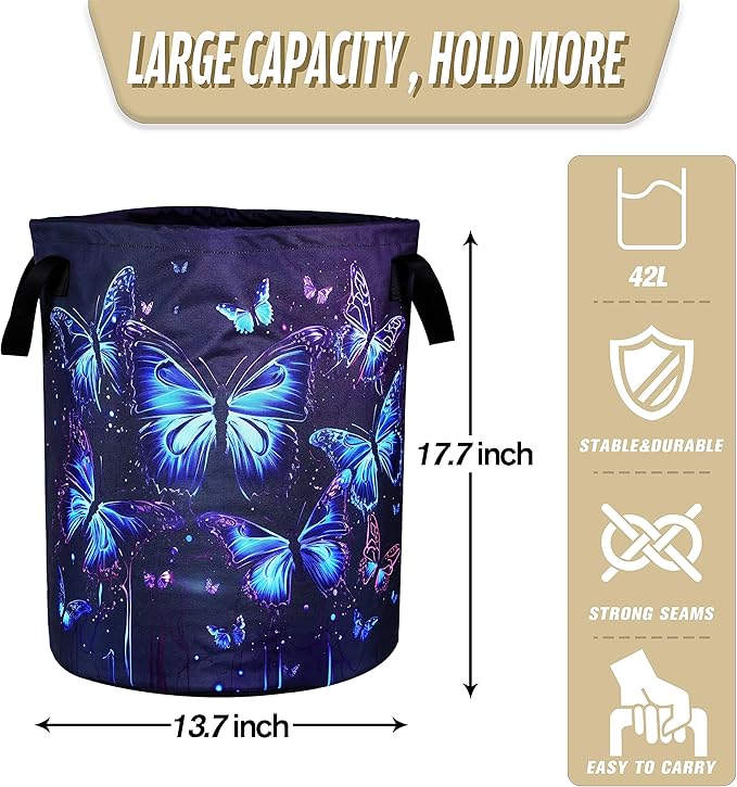 Blue Purple Butterfly Laundry Basket Insect Foldable Oxford Cloth Funny Tote Bag Laundry Hamper Clothes Storage Bucket Organizer For Bathroom/Laundry Storage/Bedroom 17.7x13.7Inch