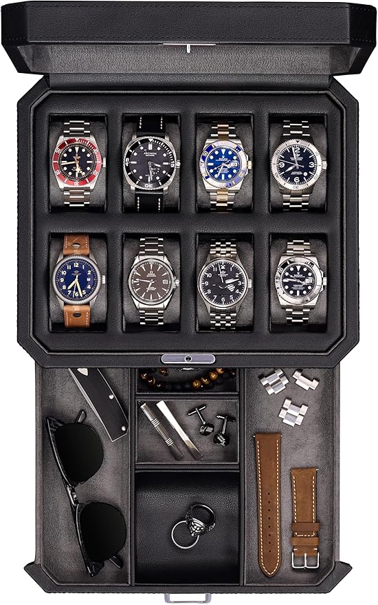 ROTHWELL 8 Slot Leather Watch Box with Valet Drawer - Luxury Case Display Jewelry Organizer, Locking Display Case Holder, Real Glass Top - Watch Box Organizer for Men & Women (Black/Grey)