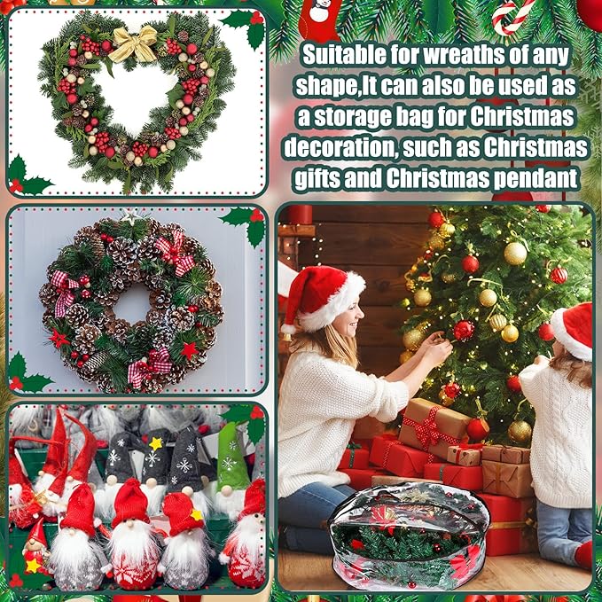 Shappy 10 Pieces Christmas Wreath Storage Container 30 Inch Wreath Plastic Storage Bags with Dual Zippers and Handles for Xmas Thanksgiving Holiday Artificial (Clear,Black)