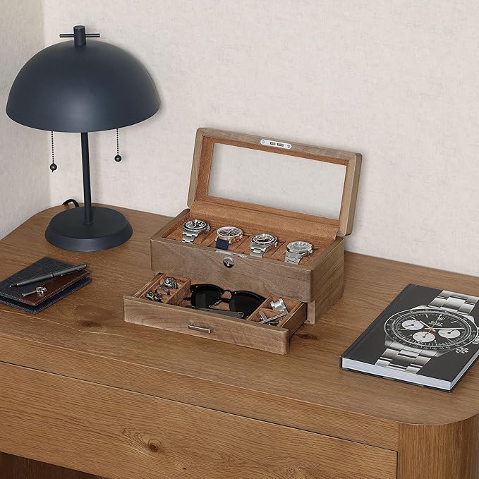 ROTHWELL 4-Slot Solid Walnut Watch Box with Valet Drawer - Premium Jewelry Display Case Organizer with Locking Glass Top and Microsuede Liner for Men & Women (Tan Interior)