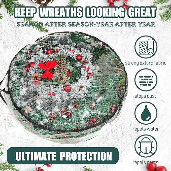 Shappy 4 Pcs 36 Inch Christmas Wreath Storage Container Clear Wreath Storage Bags PVC Waterproof Garland Bags with Clear Window Dual Zippers and Handles for Xmas Holiday Artificial Garland (Black)