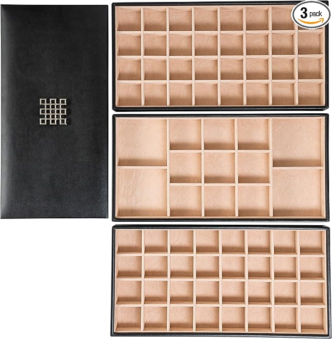 Glenor Co Earring Organizer Tray - 3 Large Stackable Trays with Lid -77 Slot Classic Jewelry Storage Display Case for Drawer or Dresser - Holder for Earring Ring Necklace or Cufflinks