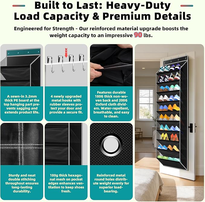 PAULONE 10-Pocket Multi-Use Over the Door Organizer, Heavy Duty 95lbs Capacity with Breathable Mesh, Versatile Hanging Storage for Shoes, Toys, Office Supplies-Classic (Black, 10-Shelf,)