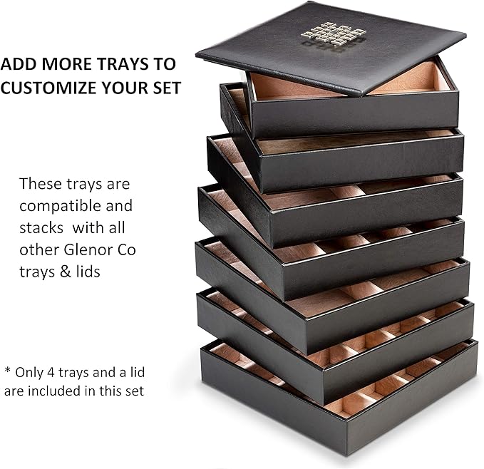 Glenor Co Jewelry Organizer Tray - 4 Stackable Trays & Lid with Mirror - 27 Slot Storage for Drawer, Dresser - Black