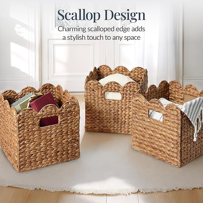 Best Choice Products 10.5x10.5in Scalloped Hyacinth Baskets, Set Of 5 Multipurpose Collapsible Storage Organizer, Handwoven Laundry Totes for Bedroom, Living Room, Shelves – Chestnut