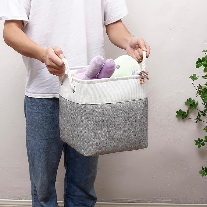 11 x 11 Inch Cube Storage Bins, 6 Pack Large Collapsible Fabric Storage Bin with Ropes, Foldable Storage Cubes for Home, Office,Closet, Clothes, Toys Organizer (White & Grey-11"x11"x11")