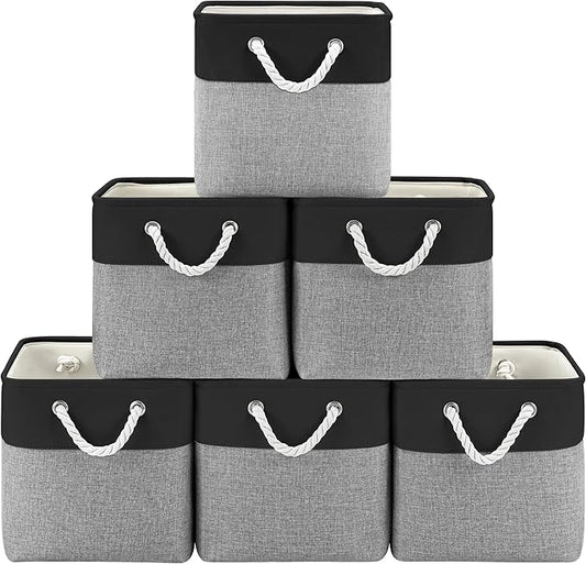 11 Inch Storage Cubes 6-Pack, Foldable Fabric Organizer Bins with Rope Handles, Cube Storage Baskets for Closet Shelves and Home Organization(Dark/Gray)