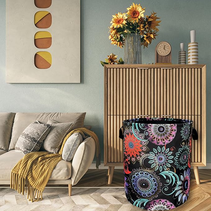 Mandalas Flowers Laundry Basket With Handles Oxford Cloth Tote Bag Colorful Laundry Hamper 18.9"x16.5" Foldable Clothes Storage Bucket Toy Organizer For Bathroom/Laundry/Bedroom