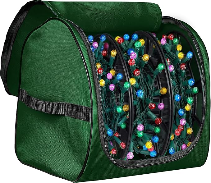 ZOBER Christmas Light Storage Reels - Christmas Light Organizer with 3 Plastic Wheels - 600D Oxford Fabric - Fits 200 Mini Lights per Spool, Lights Storage - Stitched Reinforced Handles - Green