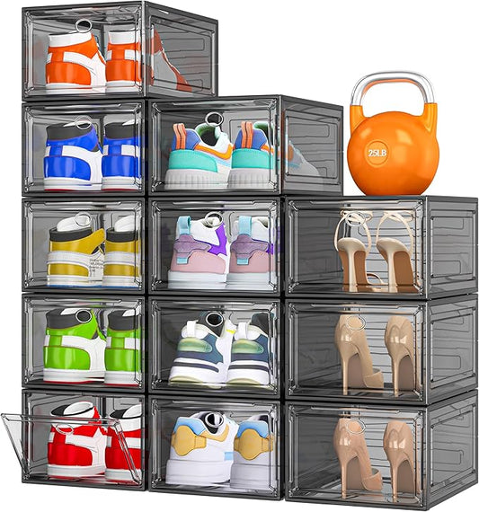 12 Pack Clear Shoe Storage Organizer with Magnetic Door, Stackable Plastic Shoe Boxes for Sneakers, Boots, and Heels, Space-Saving Foldable Shoe Rack for Closet, Durable Shoe Cabinet Organizer, Black