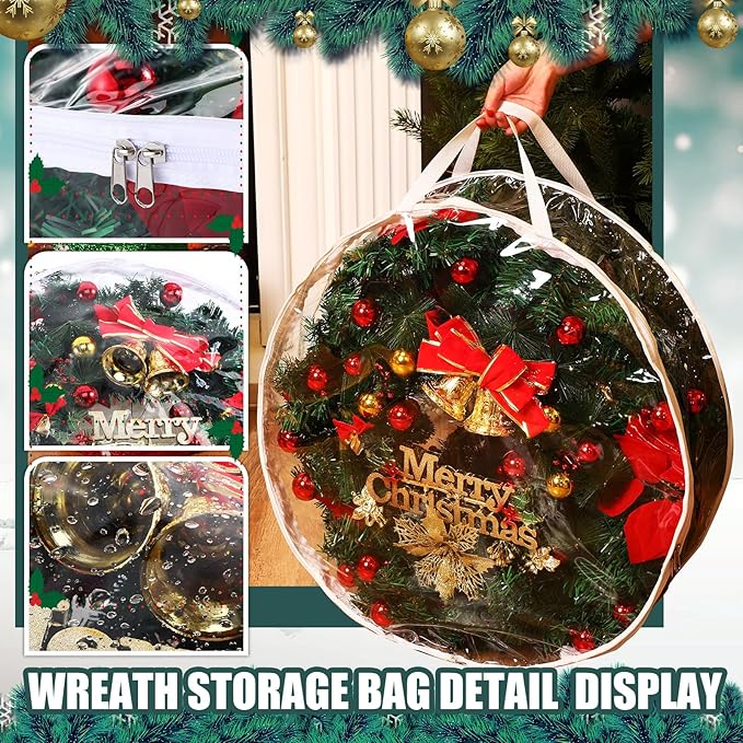 Shappy 4 Pcs 36 Inch Christmas Wreath Storage Container Clear Wreath Storage Bags PVC Waterproof Garland Bags with Clear Window Dual Zippers and Handles for Xmas Holiday Artificial Garland (White)