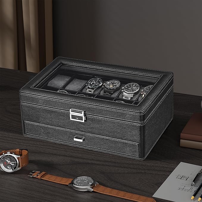 BEWISHOME Watch Box for Men, 12-Slot Watch Case with Drawer, 2-Layer Mens Jewelry Box with Large Glass Lid, Watch Display Case Watch Holder Organizer Watch Storage for Men Women Black, SSH02L