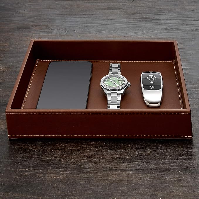 GALLAWAY Leather Valet Tray for Men - Nightstand Organizer EDC Tray for Wallet and Keys - Bedside Dresser Catch All Dump Key Bowl for Entryway Table, Dark Brown
