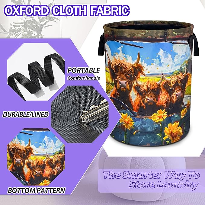 Highland Cow Laundry Basket Oxford Cloth Funny Cows Laundry Hamper With Handle Foldable Portable Clothes Storage Basket 18.9 X 16.5 In Storage Bag For Laundry Room/Bathroom/Bedroom/Dormitories
