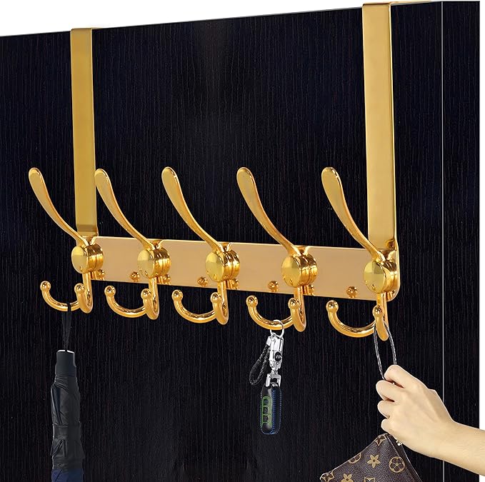 Dseap Over The Door Hook Hanger - Fits 1 3/8" to 1 3/4" Standard Doors | 5 Tri Hooks Heavy Duty Towel/Coat Rack | Door Organizer for Clothes, Jackets, Hats, Towels, Gold, Pack of 2