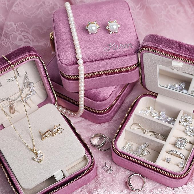 Customizable Compact Velvet Jewelry Box with Mirror, Travel Jewelry Case, Travel Jewelry Organizer, Jewelry Box for Women and Girls, Small Jewelry Organizer (Bottom Right Text, Mulberry)