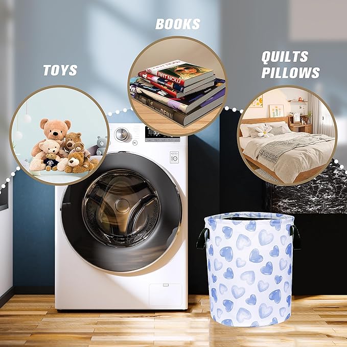 Blue Heart Laundry Basket Funny Cartoon Foldable Oxford Cloth Tote Bag Laundry Hamper Clothes Storage Bucket Organizer For Bathroom/Laundry Storage/Bedroom Storage Basket 17.7x13.7Inch