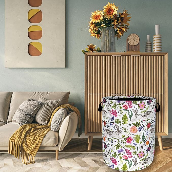 Cute Rabbit Laundry Hamper Foldable With Handles Animal Flower Tote Bag Universal Oxford Cloth Colorful Laundry Basket Clothe Toy Storage Bucket 18.9"x16.5"For Bathroom/Laundry/Bedroom