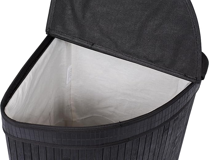 BirdRock Home Corner Laundry Hamper with Lid and Cloth Liner - Bamboo - Black - Easily Transport Laundry Basket - Collapsible Hamper - String Handles