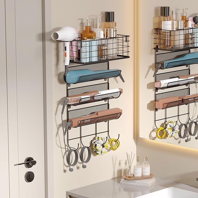 Wall-Mounted Hair Dryer Holder Styling Tool Organizer 4-Shelf Storage Wire Basket with Hook Heat Safe Rack for Hair-Straighteners,Curling Wands,Flat Iron,Perfume,Cabinet Door Bathroom Kitchen