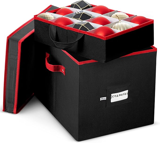 ZOBER Christmas Ornament Storage Box - Stores 36 4" Large Ornaments with Individual Trays - Tear Proof 600D Oxford Fabric - Ornament Organizer Storage Box, Durable Christmas Containers Holder -Black