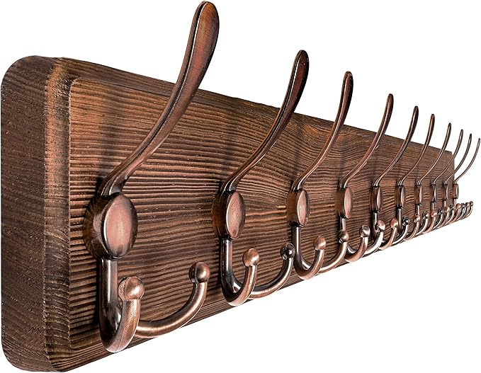 SKOLOO Coat Rack Wall Mounted - 38.6" Long, Wooden, Heavy Duty, Rustic Coat Hooks for Wall, Coat Rack with 10 Triple Hooks for Hanging Clothes, Jacket, Hat(Brown & Retro Red)