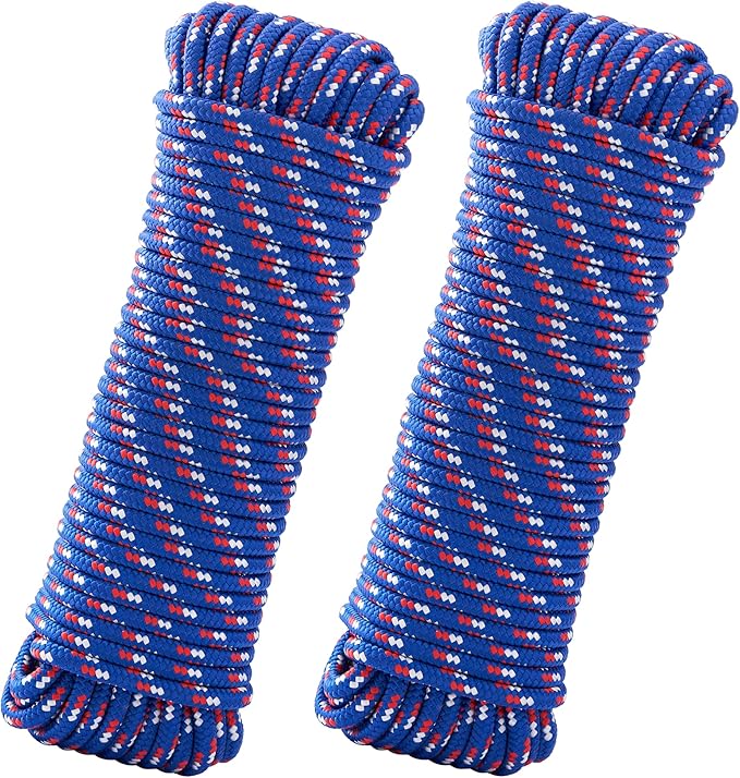 100 ft 3/8 Inch Diamond Braided Polypropylene Rope, Poly Clothesline, Boat Rope, All-Purpose Utility Cord Tie Down Ropes for Craft Marine Boat Camping Indoor Outdoor, Blue, 2 Pack