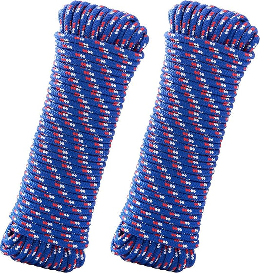 100 ft 3/8 Inch Diamond Braided Polypropylene Rope, Poly Clothesline, Boat Rope, All-Purpose Utility Cord Tie Down Ropes for Craft Marine Boat Camping Indoor Outdoor, Blue, 2 Pack