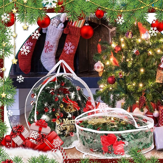 Zhengmy 10 Pcs 30 Inch Christmas Wreath Storage Bags Transparent Wreath Storage Container Bulk Wreaths Box with Dual Zippers and Handles for Xmas Holiday Wreaths Garland