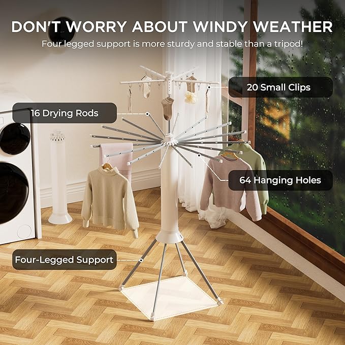 Clothes Drying Rack Foldable, 4-Legged Double Dryer Rack with 20 Clips, Laundry Drying Rack with 4 Pulleys, Portable Drying Rack Clothing, Collapsible Indoor Hanging Dry Rack for Clothes, Socks, Towel