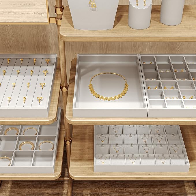 4 In 1 Leather Jewelry Trays Jewelry Drawer Organizer Tray Stackable Jewelry Trays Necklace Bracelet Ring Earring Organizer Tray(White)