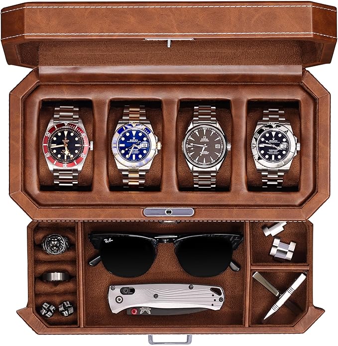 ROTHWELL 4 Slot Leather Watch Box with Valet Drawer - Luxury Case Display Jewelry Organizer, Locking Display Case Holder with Real Glass Top - Watch Box Organizer for Men & Women (Tan)