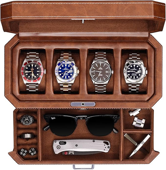 ROTHWELL 4 Slot Leather Watch Box with Valet Drawer - Luxury Case Display Jewelry Organizer, Locking Display Case Holder with Real Glass Top - Watch Box Organizer for Men & Women (Tan)