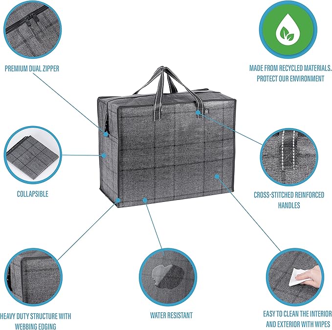 VENO 5 Pack Storage Moving Bags, Organizer Bag, Storage Tote, Zipper On Top, Sturdy, Carrying Bag, Camping Bag for Clothes, Bedding, Comforters, Pillows (13 Gallon Windowpane, 5 Pack)