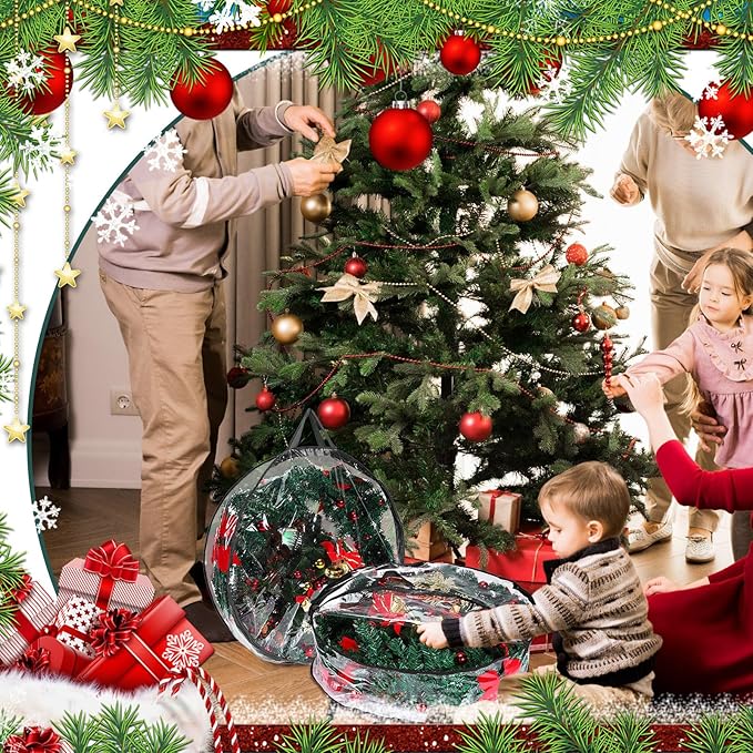 Shappy 14 Pieces Christmas Wreath Storage Container 30 Inch Wreath Plastic Storage Bags with Dual Zippers and Handles for Xmas Thanksgiving Holiday Artificial (Clear,Black)