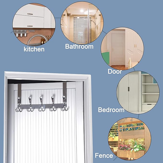 SKOLOO Over The Door Hook - for Doors up to 1-3/4'' Thickness, Metal Door Hanger with 5 Triple Hooks, Over The Door Hanger for Coats, Hats,Towels, Silver, Assembly Required