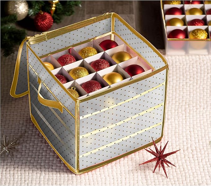 ZOBER Christmas Ornament Storage Box Plastic - Stores 64 3" Ornaments with Individual Trays - Ornament Organizer Storage Box, Durable Christmas Containers Holder - Gold