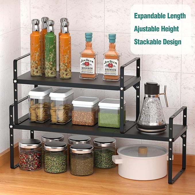Expandable Cabinet Shelf Organizer Rack, Stackable Kitchen Counter Storage Shelves Stand, Adjustable Height Pantry Shelf Spice Rack, Heavy Duty Nonslip Black Small 1Pack