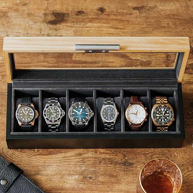 CASE ELEGANCE Two-Toned Pine and Black Base with Modern Aluminum Handle 6-Slot Watch Box with Real Glass