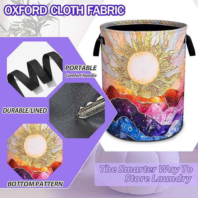Sun Ocean Wave Laundry Basket Abstract Art Oxford Cloth Laundry Hamper Funny With Handle Foldable Portable Clothes Storage Basket 18.9 X 16.5 Storage Bag For Laundry Room/Bathroom/Bedroom/Dormitories