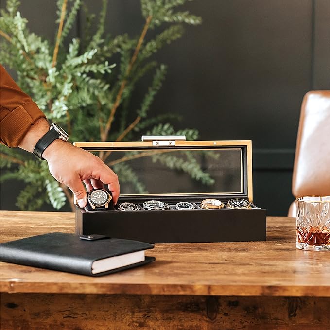 CASE ELEGANCE Two-Toned Pine and Black Base with Modern Aluminum Handle 6-Slot Watch Box with Real Glass